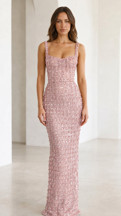Front view of pink crystal embellished evening dress