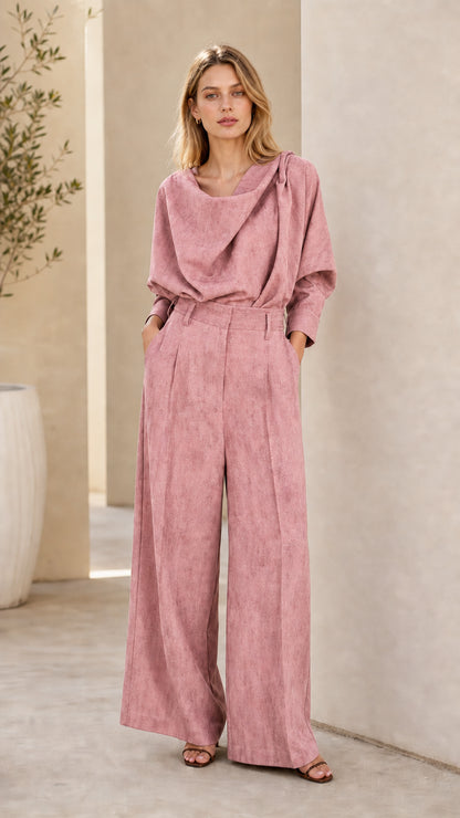 Dusty pink draped cowl neck top and matching wide leg pants set