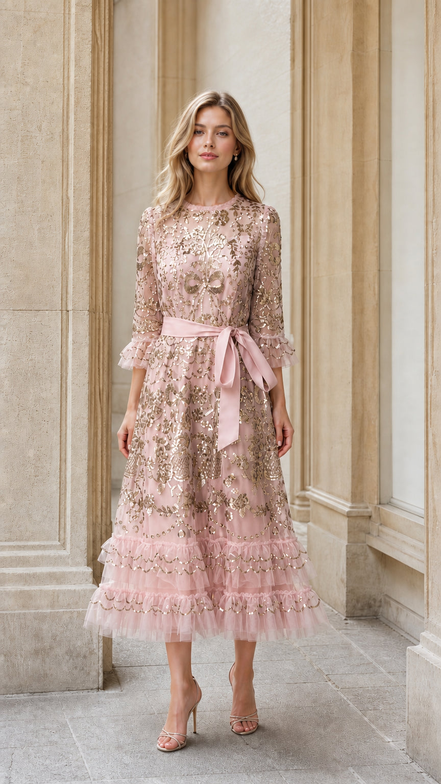 Front view of pink sequin embroidered tulle midi dress