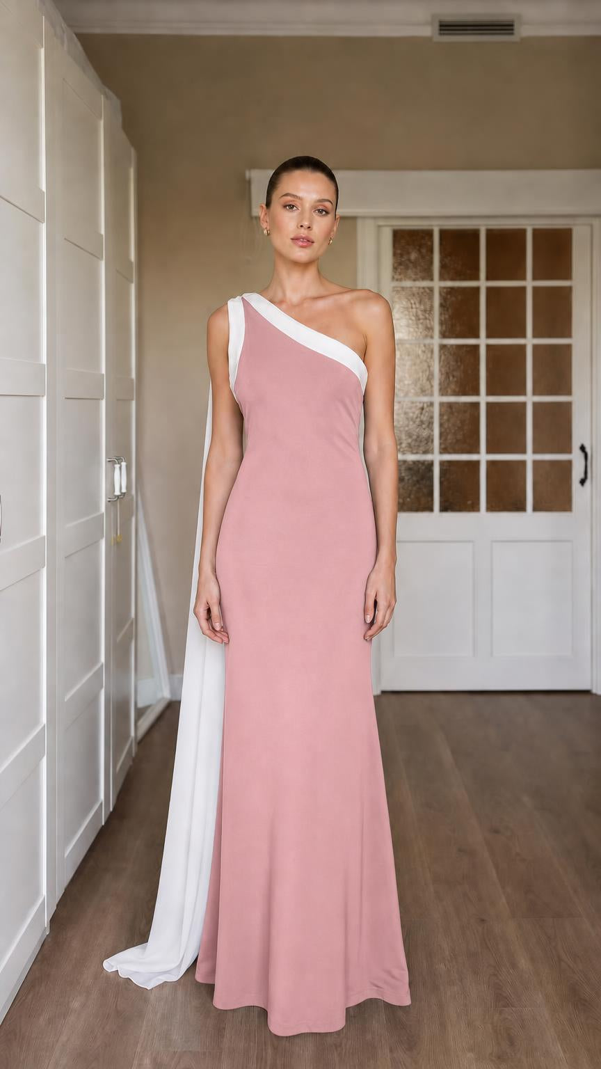 Pink color variant of the one-shoulder evening gown