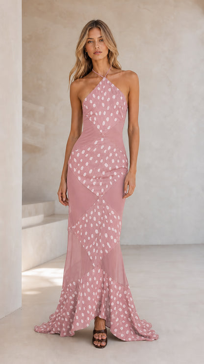 Front view of pink halter polka dot maxi dress