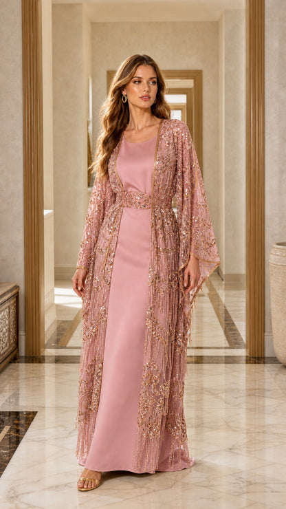 Full length view of pink sequin cape maxi dress set