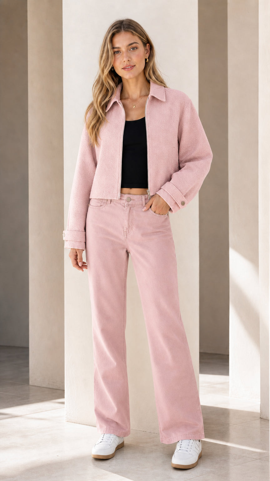 Model wearing pink co-ord set
