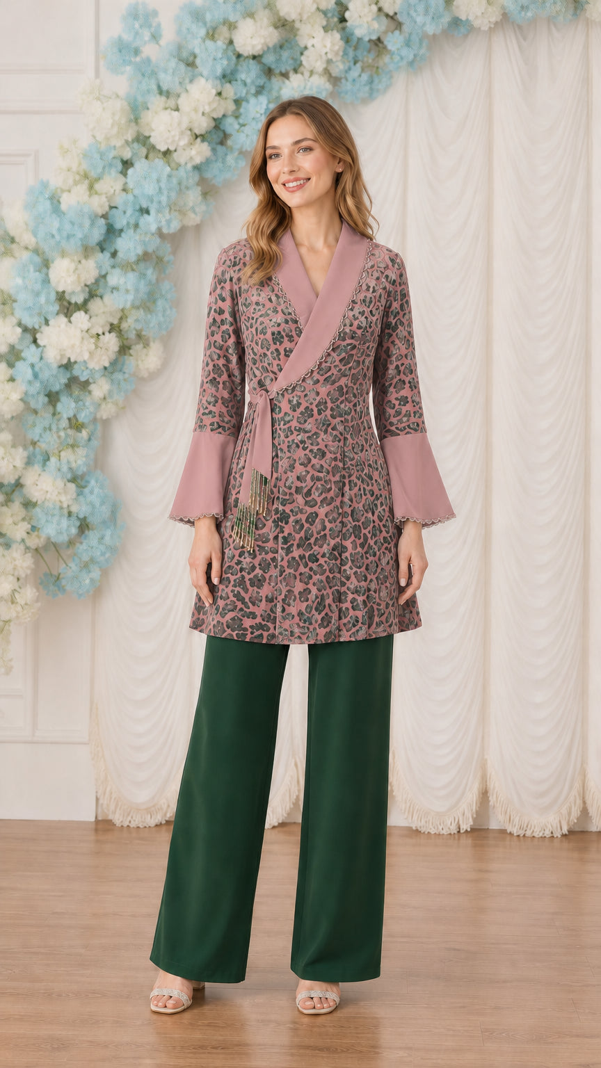 Dusty Rose wrap tunic top paired with contrasting Dark Green wide-leg trousers