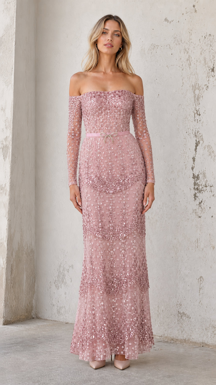 Model wearing dusty rose sequin off-shoulder evening gown