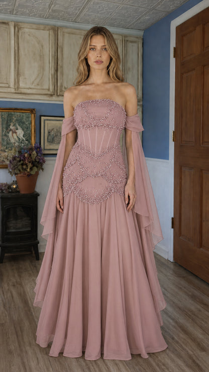 Front view of mauve pink beaded off-shoulder evening gown