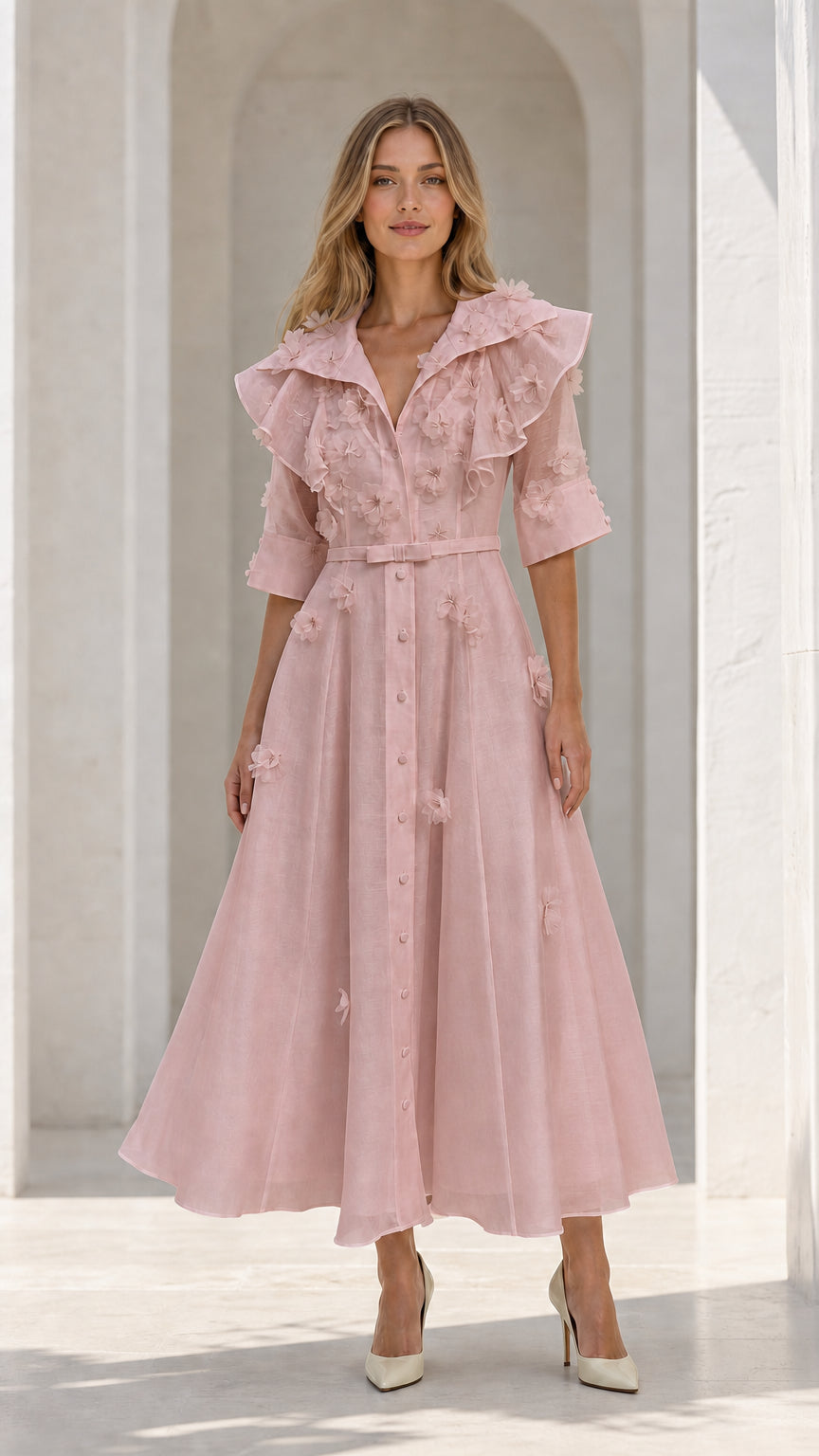 Model wearing pink floral applique ruffle midi dress