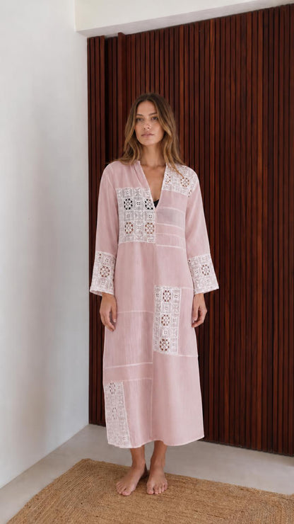 Model wearing pink boho patchwork lace long sleeve maxi dress