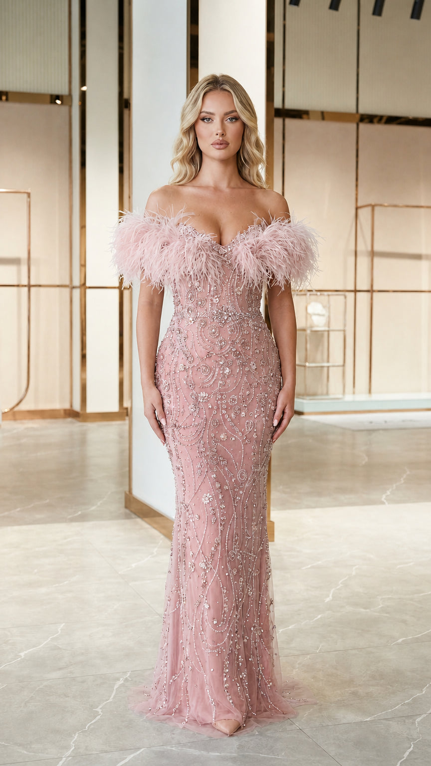 Pink off-the-shoulder feather trim evening gown