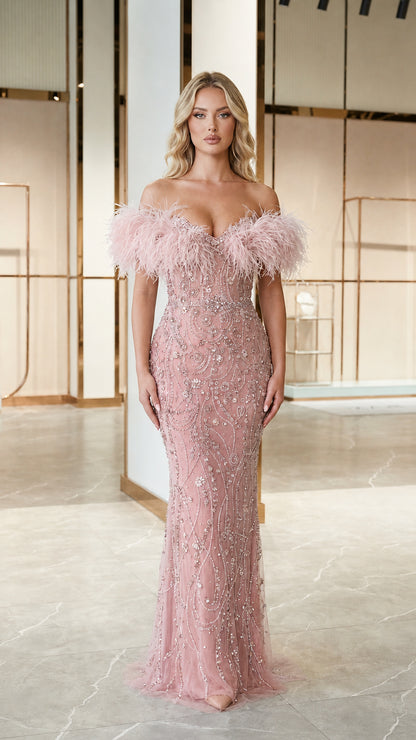 Pink off-the-shoulder feather trim evening gown