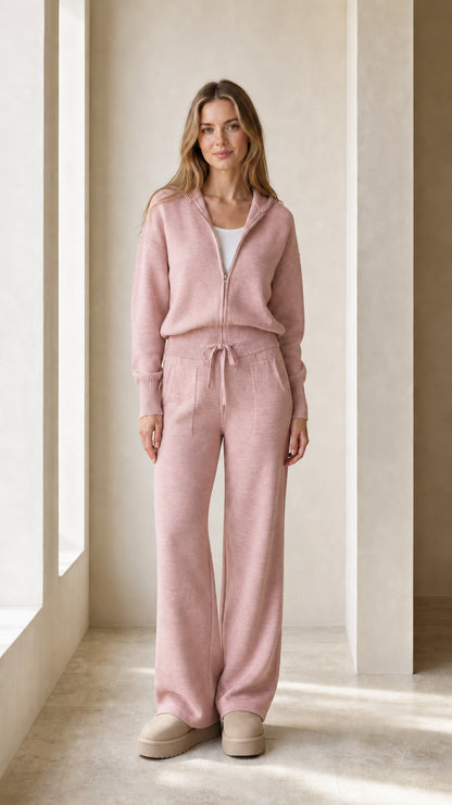 Front view of the blush pink women's matching hoodie and pants set