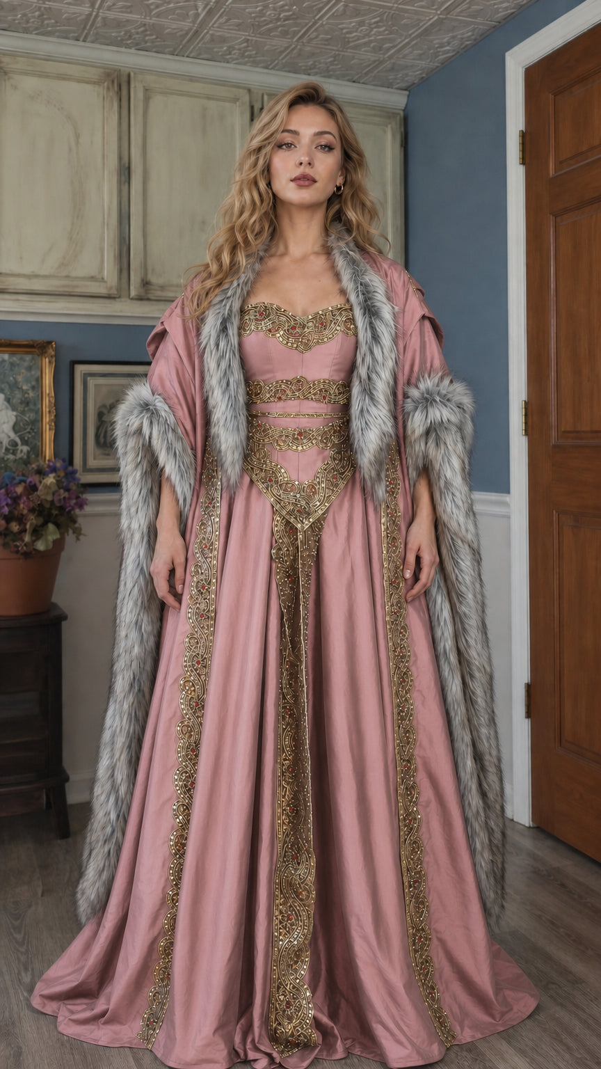 Front view of the pink Renaissance medieval gown variant