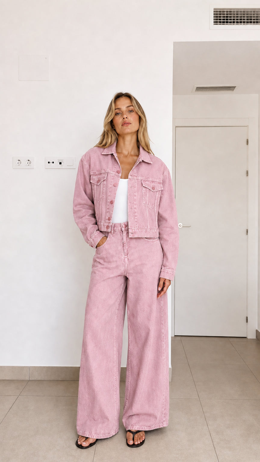 Woman wearing dusty pink 2-piece cropped denim jacket and wide-leg jeans set