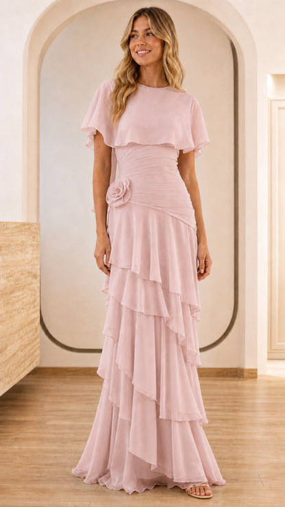 Full view of pink tiered ruffle formal maxi dress