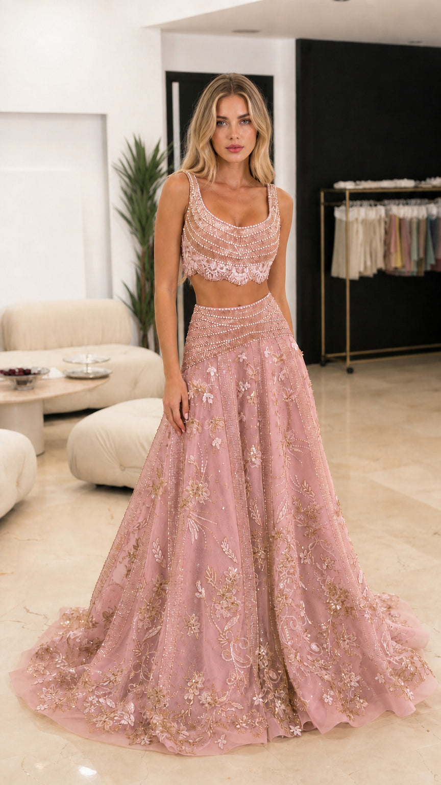 Front view of pink two-piece embellished gown set