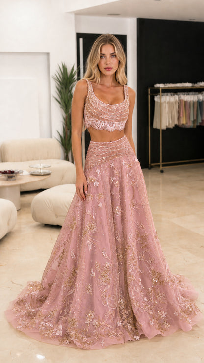 Front view of pink two-piece embellished gown set
