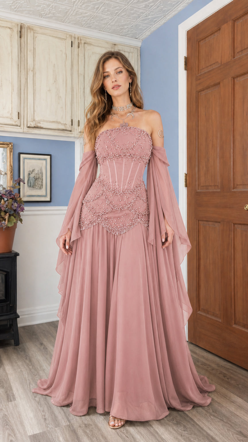 Dusty rose strapless beaded corset maxi gown with flowing sleeves