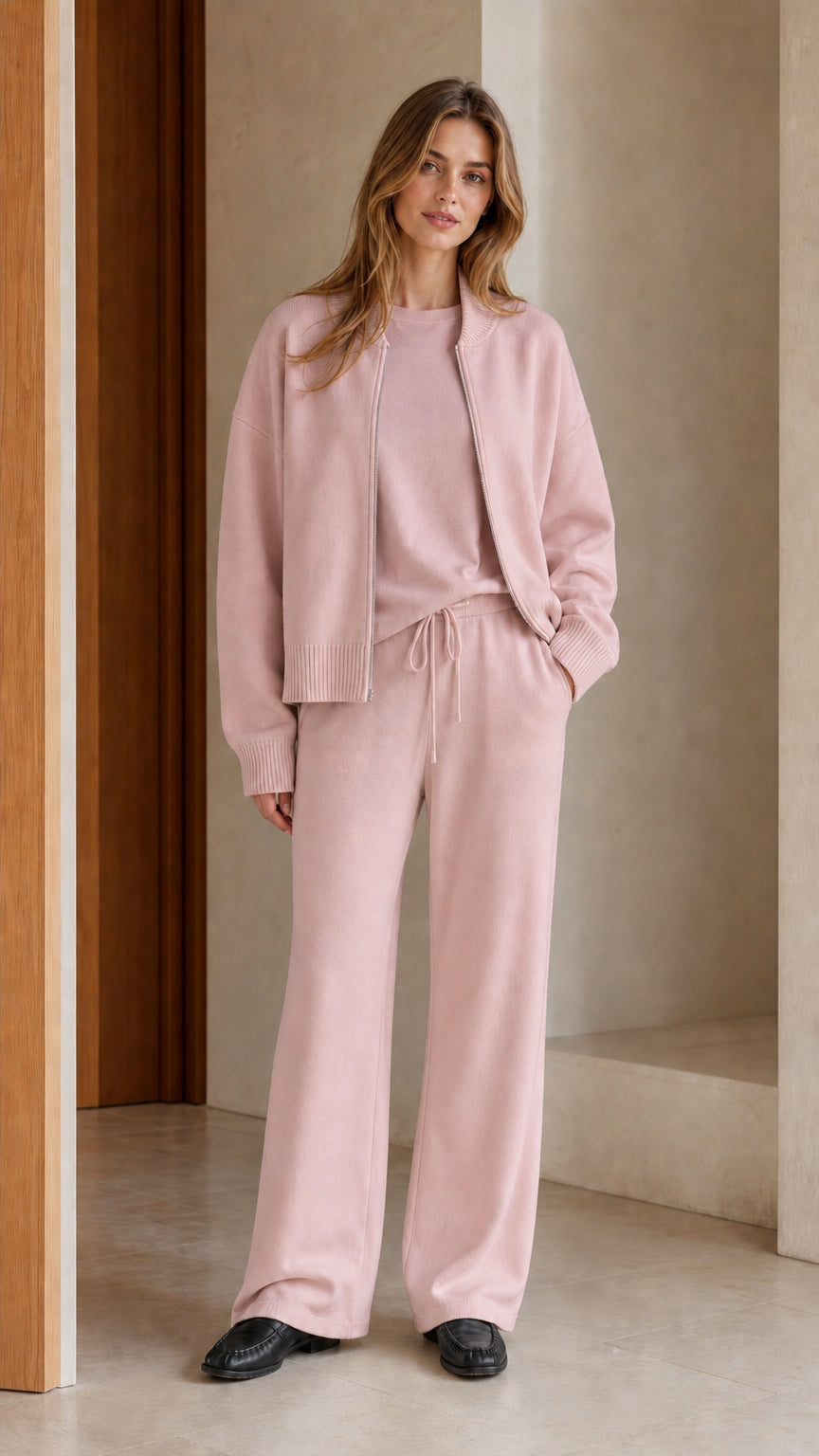Model wearing dusty pink 3-piece knit matching set with zip jacket and trousers