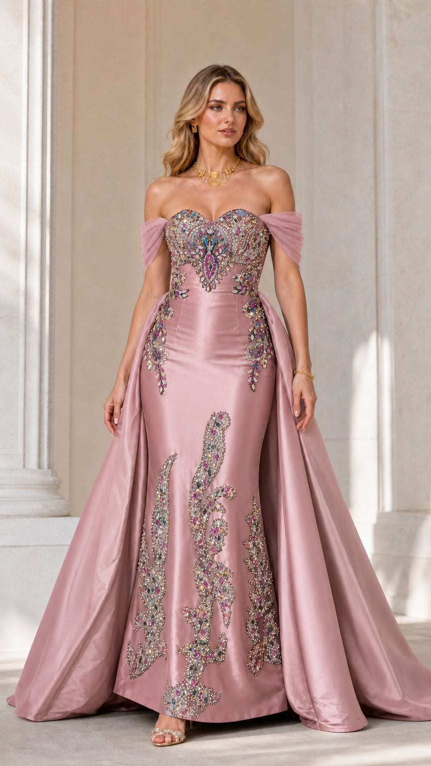 Pink variant of beaded mermaid evening gown