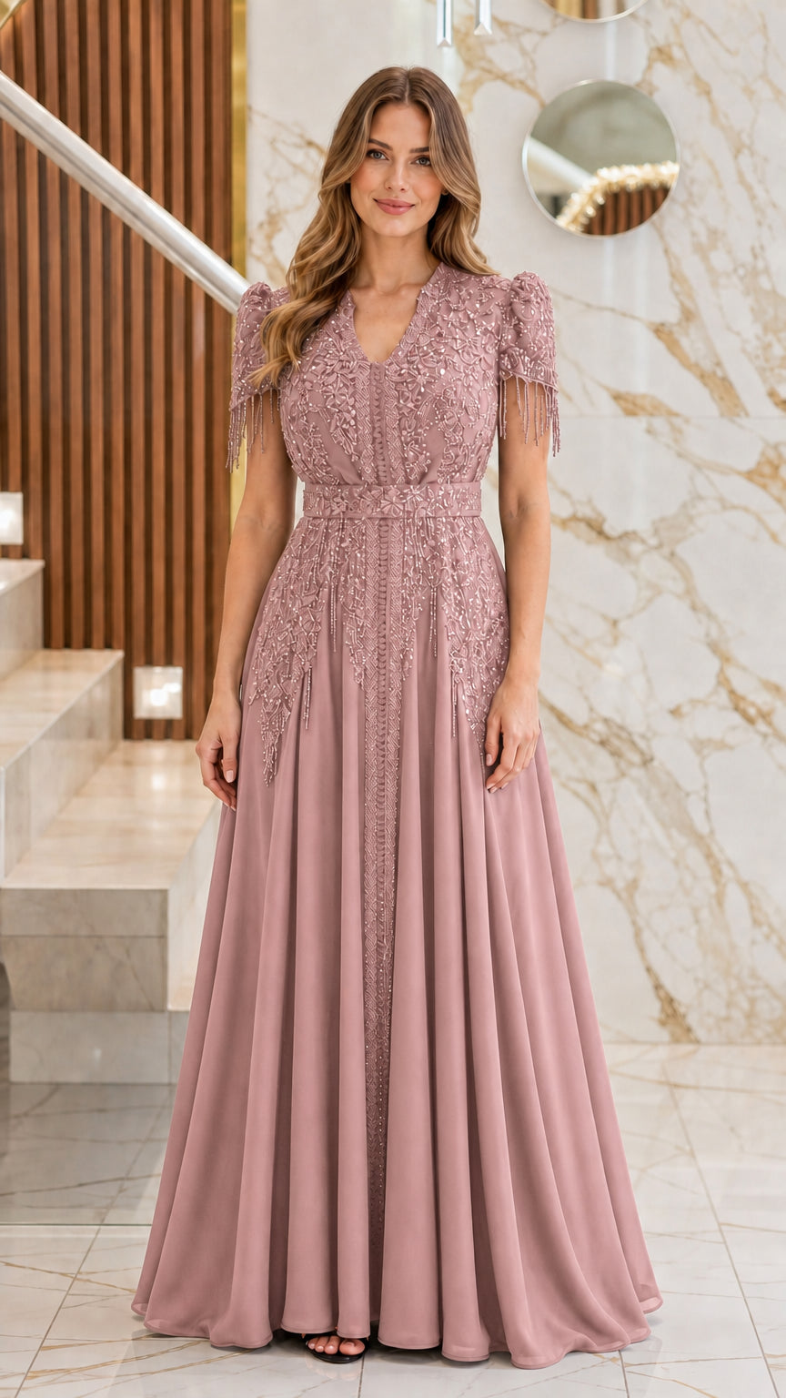 Full-length front view of model wearing the dusty rose beaded evening gown