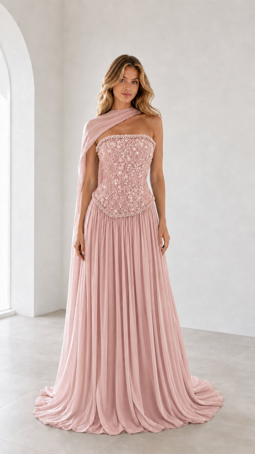 Full front view of blush pink one-shoulder beaded corset evening gown