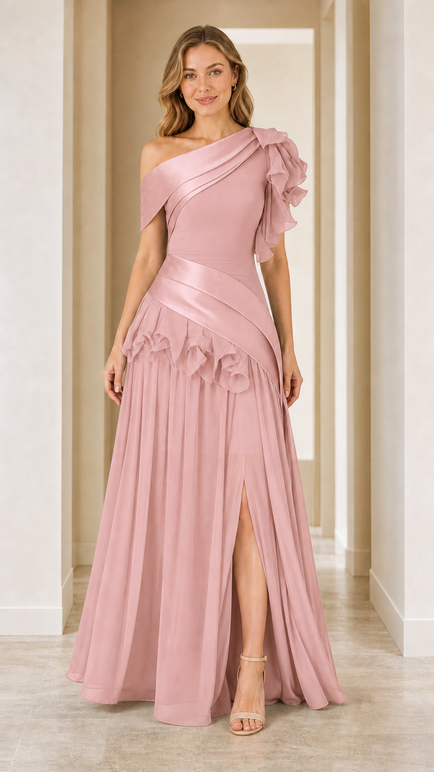 Model wearing pink one-shoulder evening gown
