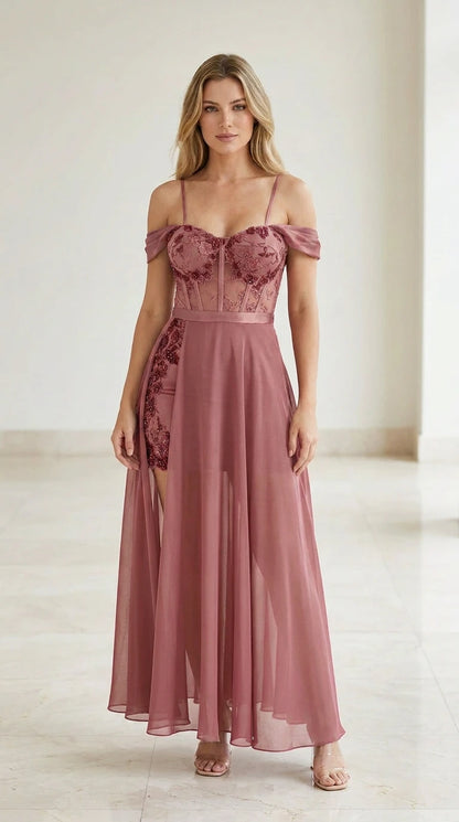 Front view of mauve evening gown