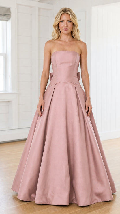 Front view of model in blush pink evening gown