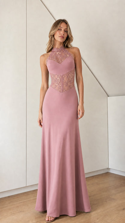 Dusty rose halter neck lace bodice formal maxi dress