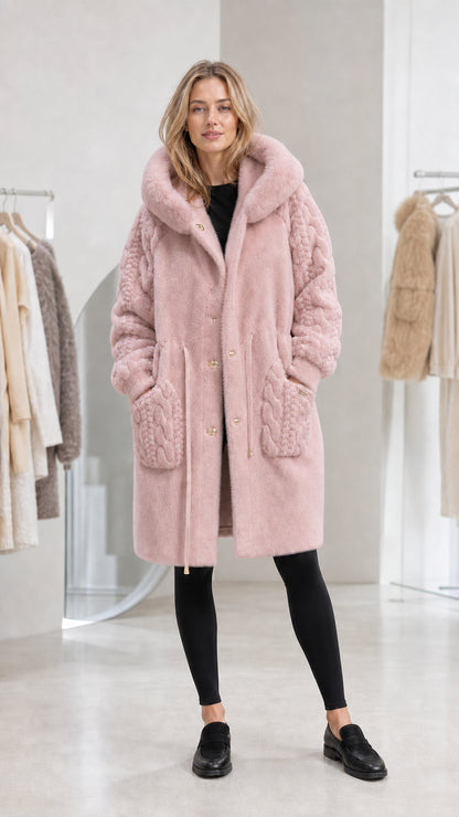 Dusty pink women's longline hooded faux fur coat