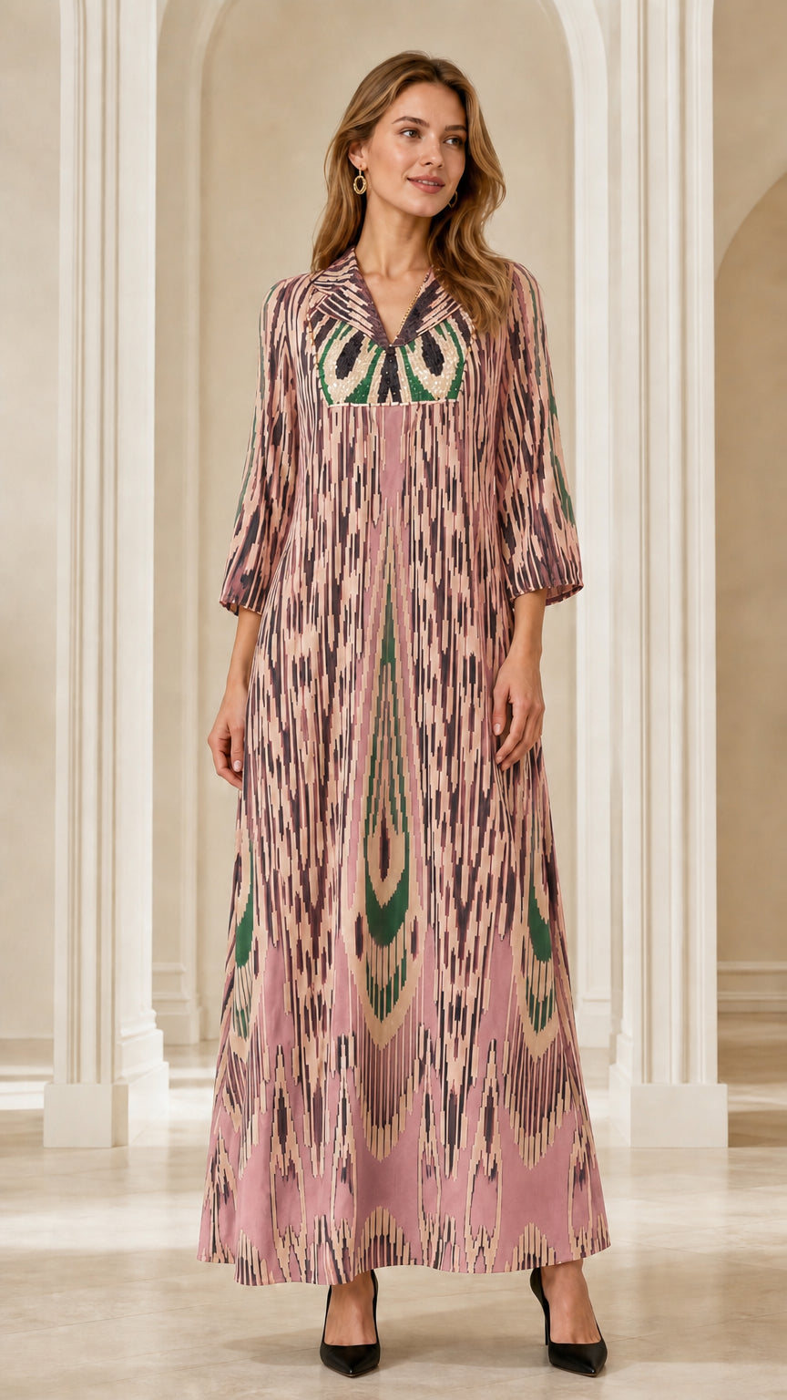 Front full-length view of woman wearing Dusty Pink Ikat Print Embellished Maxi Dress