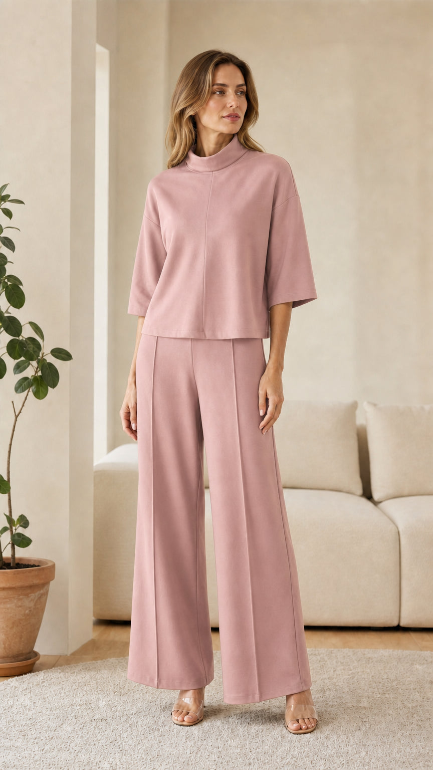 Woman wearing dusty pink two-piece lounge set