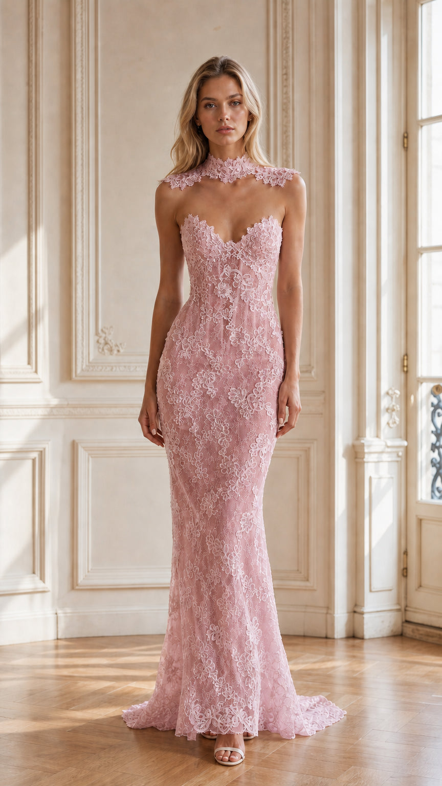 Blush pink lace floor-length formal gown with sweetheart neckline