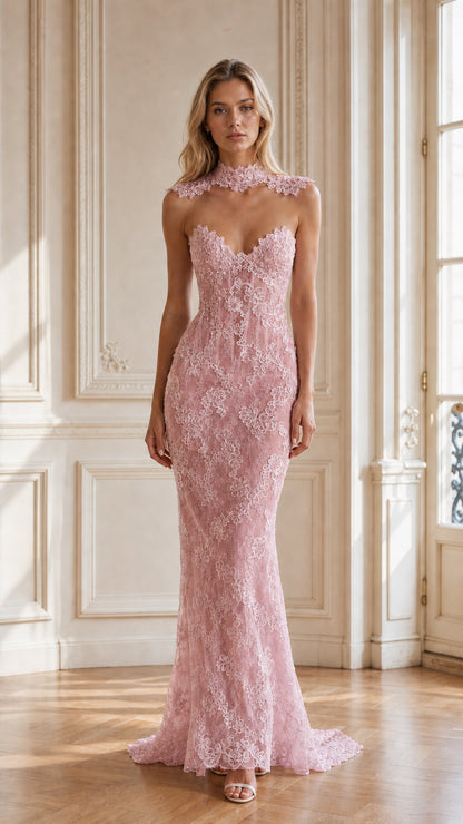 Blush pink lace floor-length formal gown with sweetheart neckline