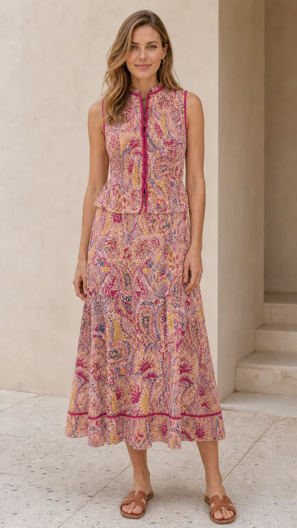 Front view of pink multi paisley print midi dress