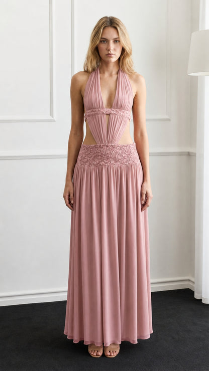 Front view of pink halter cutout maxi dress