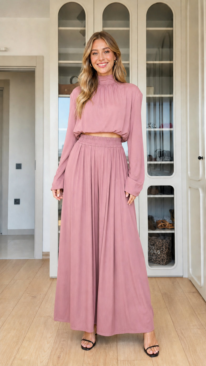 Dusty rose pink mock neck crop top and pleated wide-leg co-ord set