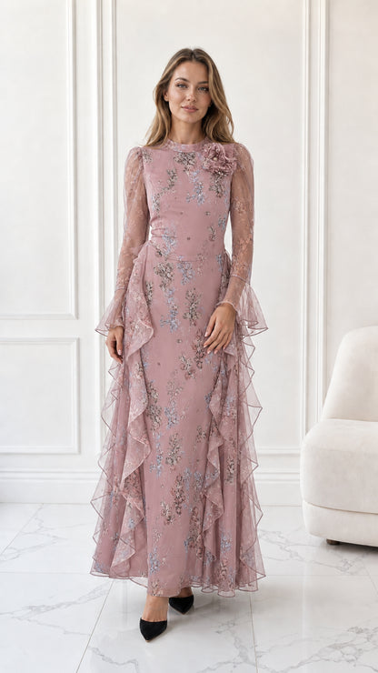 Model wearing dusty rose floral chiffon long sleeve maxi dress