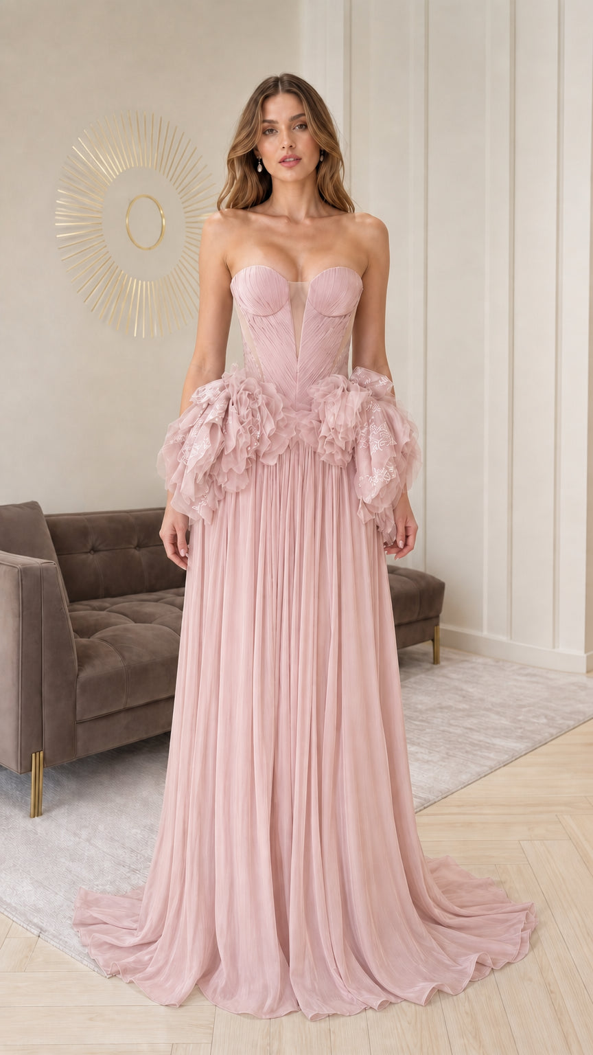 Dusty pink strapless evening gown with pleated skirt