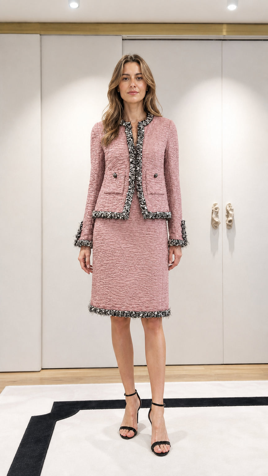 Model wearing pink tweed jacket and skirt set