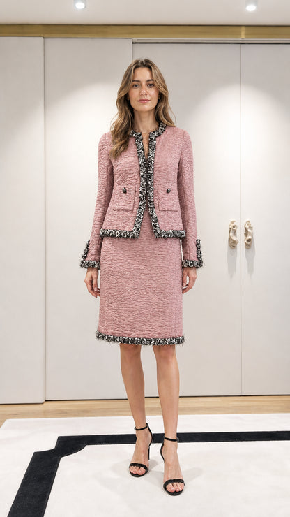 Model wearing pink tweed jacket and skirt set