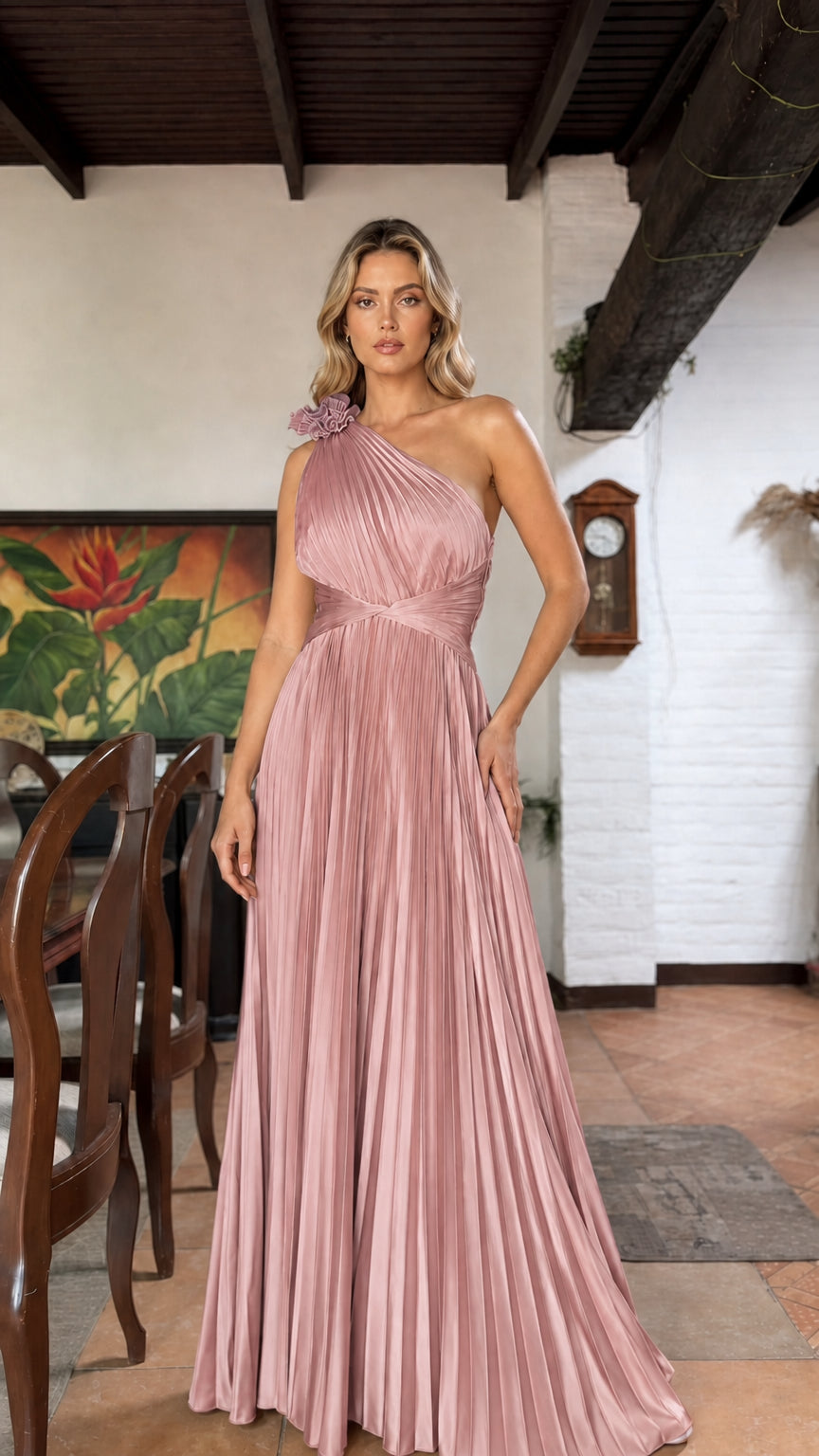 Front view of pink one-shoulder pleated maxi dress