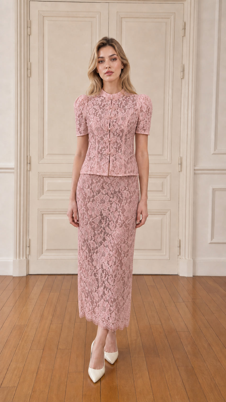 Model wearing pink lace two-piece set