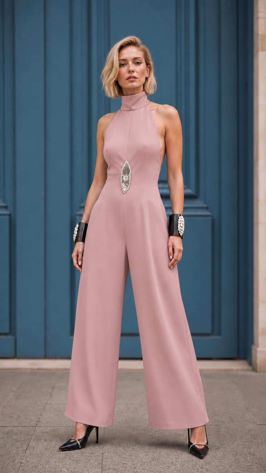 Full length view of model in dusty pink color variant