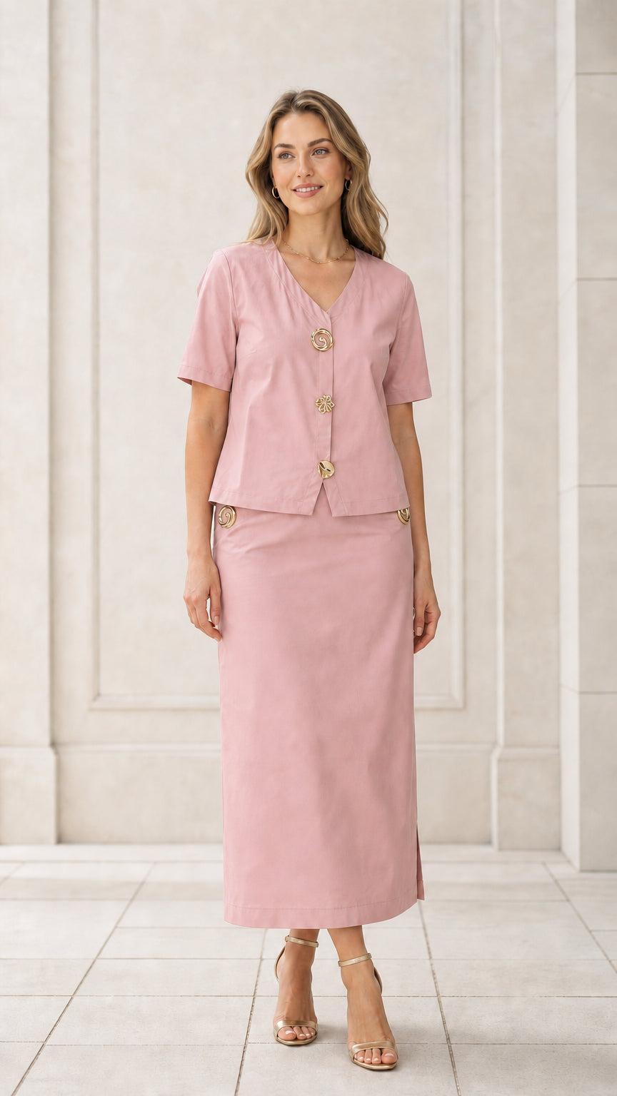Front full view of woman wearing dusty pink short sleeve blouse and maxi skirt set