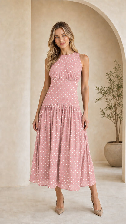 Model wearing pink polka dot midi dress