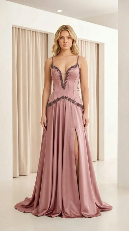 Front view of dusty rose satin evening dress