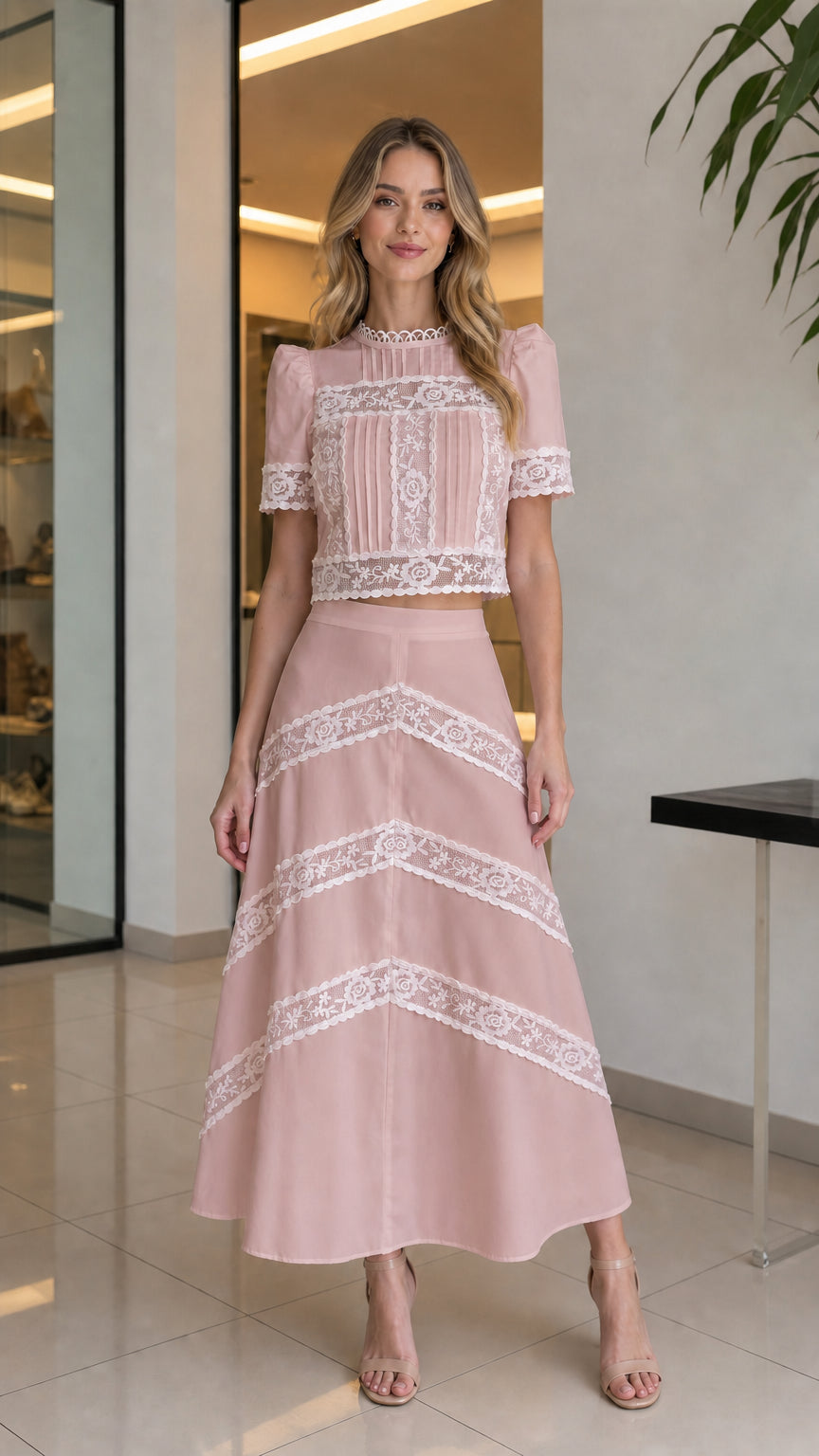 Full-body view of woman wearing pink lace crop top and matching skirt set