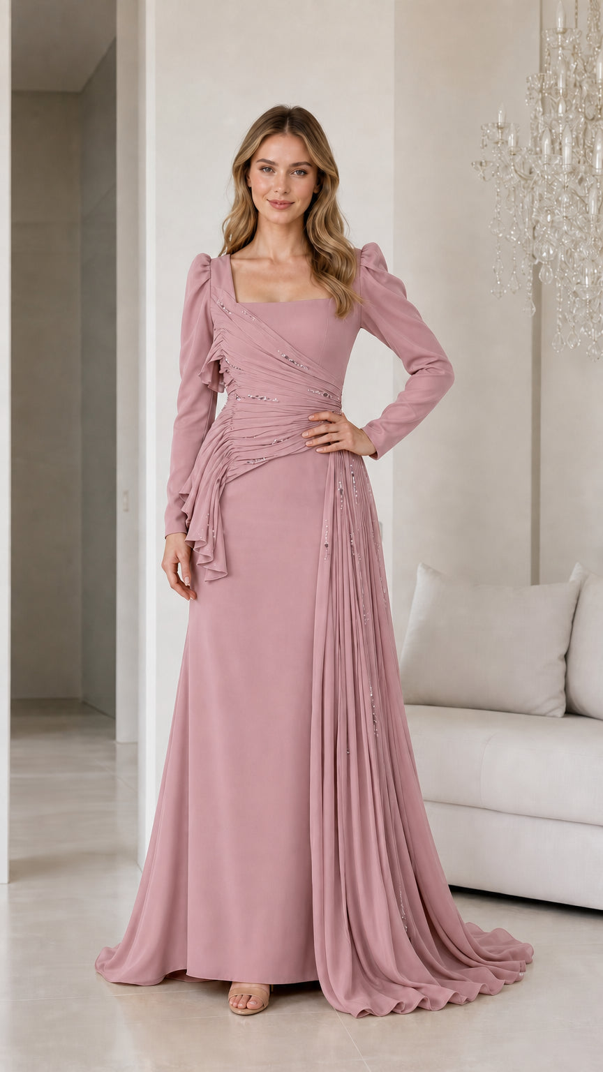 Front view of mauve long sleeve pleated evening gown