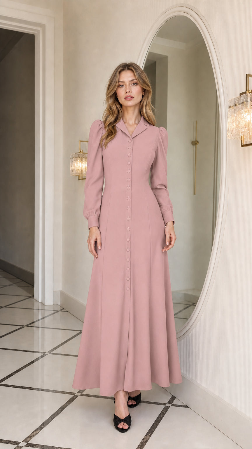Full length view of woman wearing pink long sleeve maxi dress